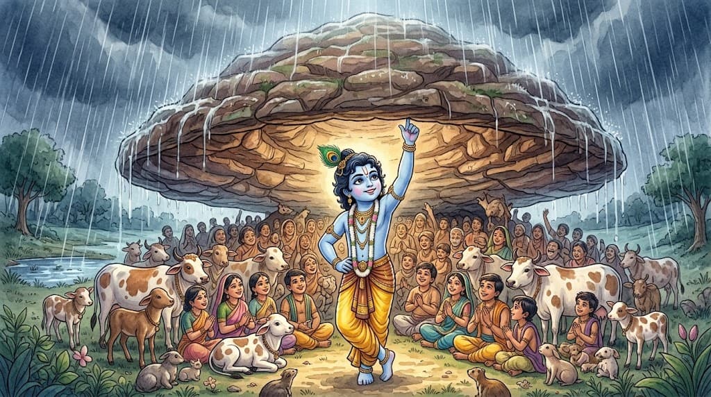Krishna lifts Govardhan